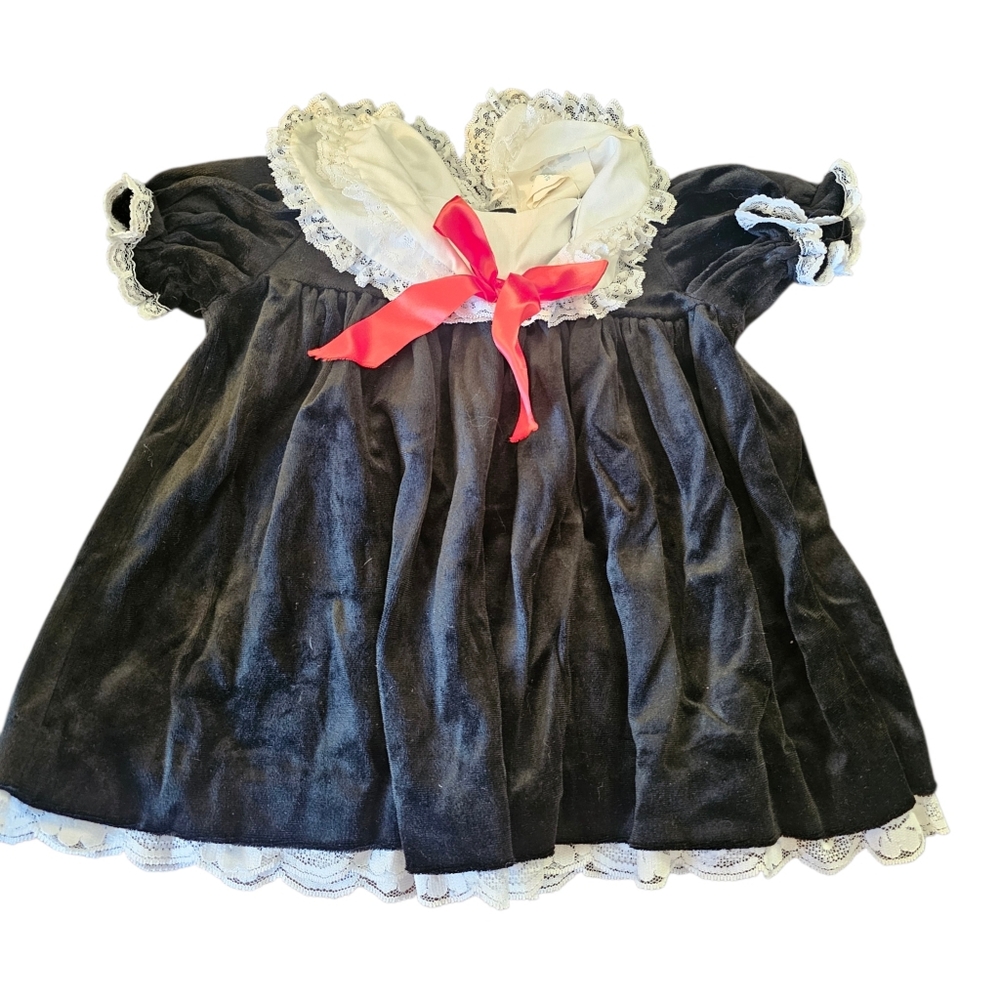 Vintage Broadway Kids Baby Girls‎ Velvet Dress 24M Black Lace Collar Red Bow